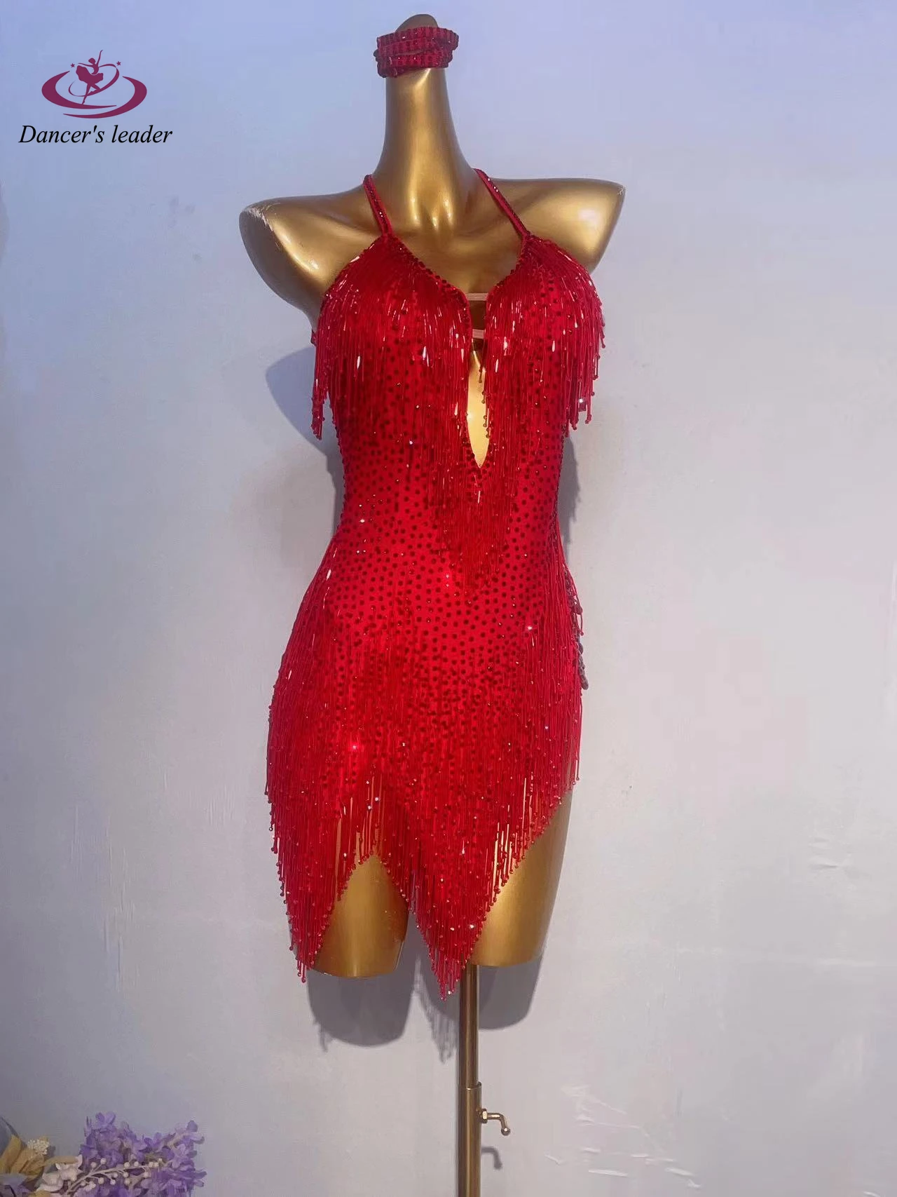 Latin Dance Dress, High-end Custom Printed Deep V-strap, Samba Rhinestone, Adult Stage Professional Clothing