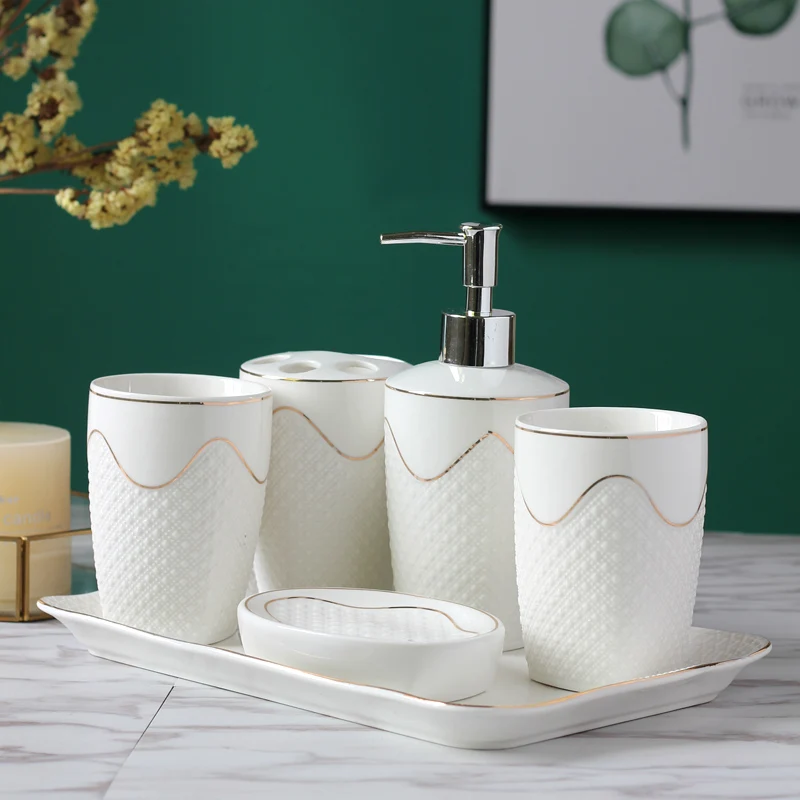 European Style Embossed Ceramic Sanitary Ware Five-piece Wash Set Bathroom Supplies Mouthwash Cup Home Decorations