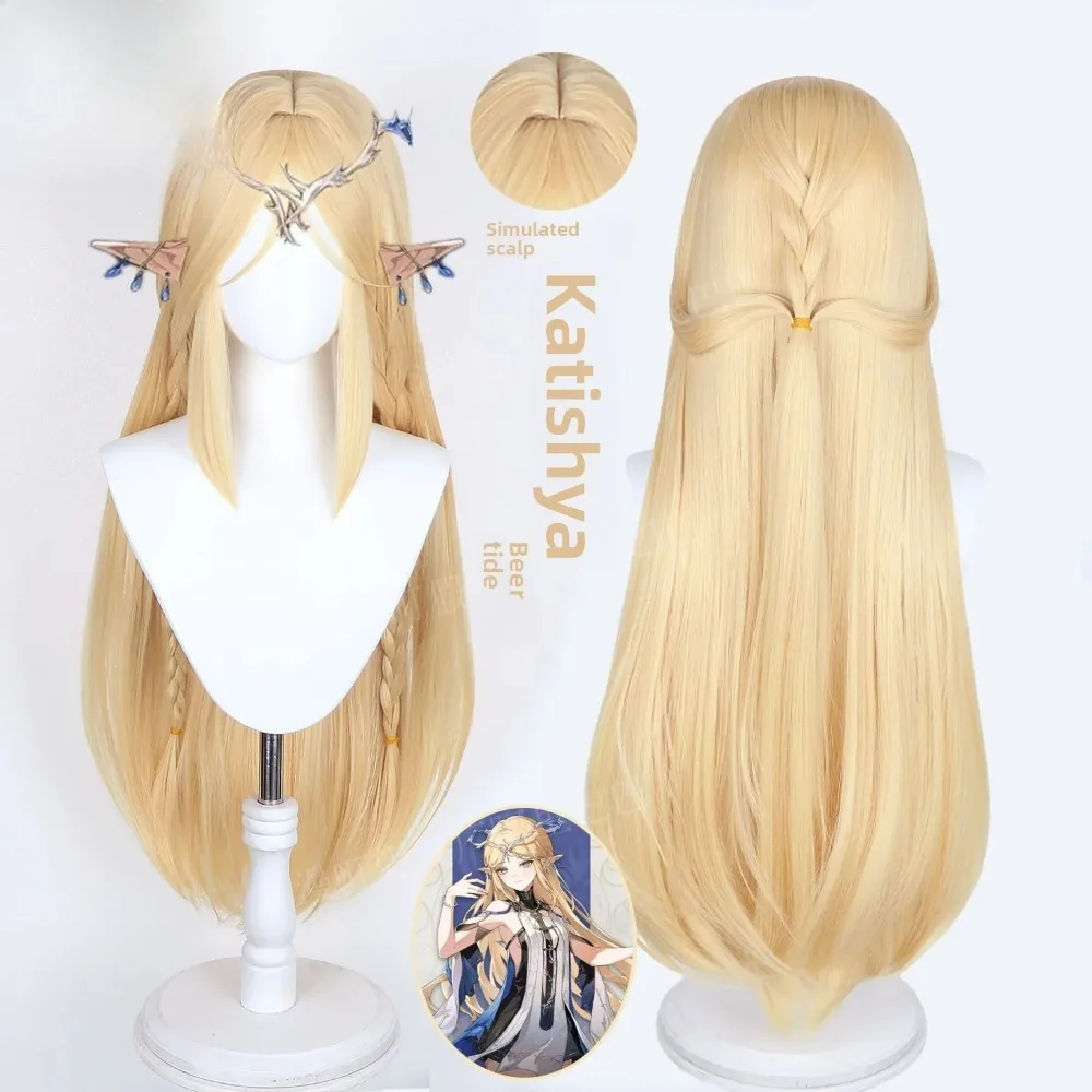 Wuthering Waves의 Kathya 코스프레 가발 - 라이트 블론드 롱 스트레이트 헤어(땋은 머리 포함) 시뮬레이션된 두피 애니메이션 의상 가발