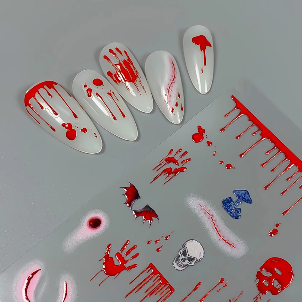 5D 할로윈 네일 아트 스티커 엠보싱 레드 블러드 스카 스컬 배트 디자인 네일 데칼 타투 슬라이더 매니큐어 호러 데칼 용품