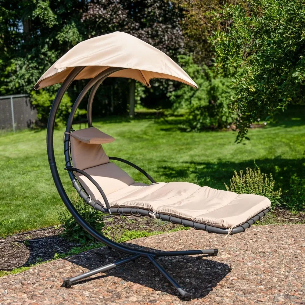 with Umbrella Canopy - Curved Steel Hammock Lounge Chair with Cushion and Pillow - Sunnydaze Floating Chaise Lounger Swing Chair