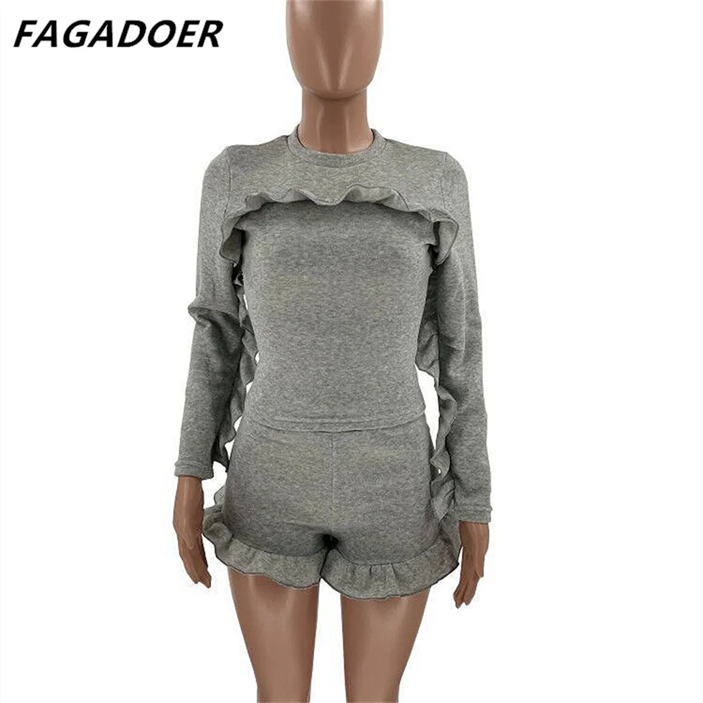 FAGADOER Casual Cute Two Piece Set Ruffles Long Sleeve Top Shorts Women Fashion Ruffled Solid Tracksuits 2pcs Outfits