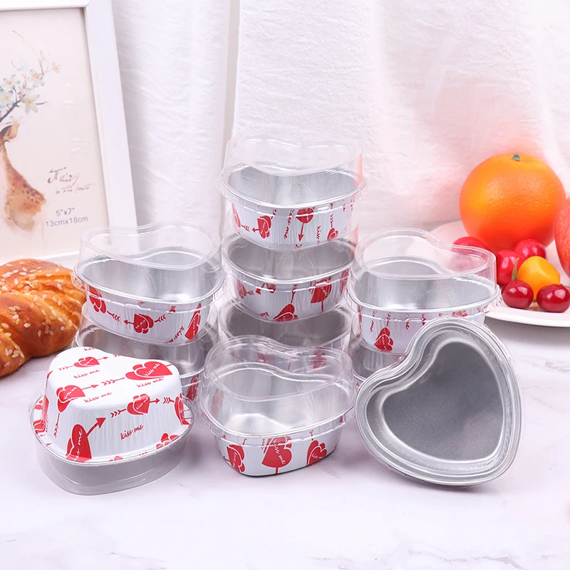 10Pcs/Set 100ML Heart Shaped Aluminum Foil Cake Pan Cupcake Cup with Lids Flan Baking Pans for Valentine's Day Wedding Birthday