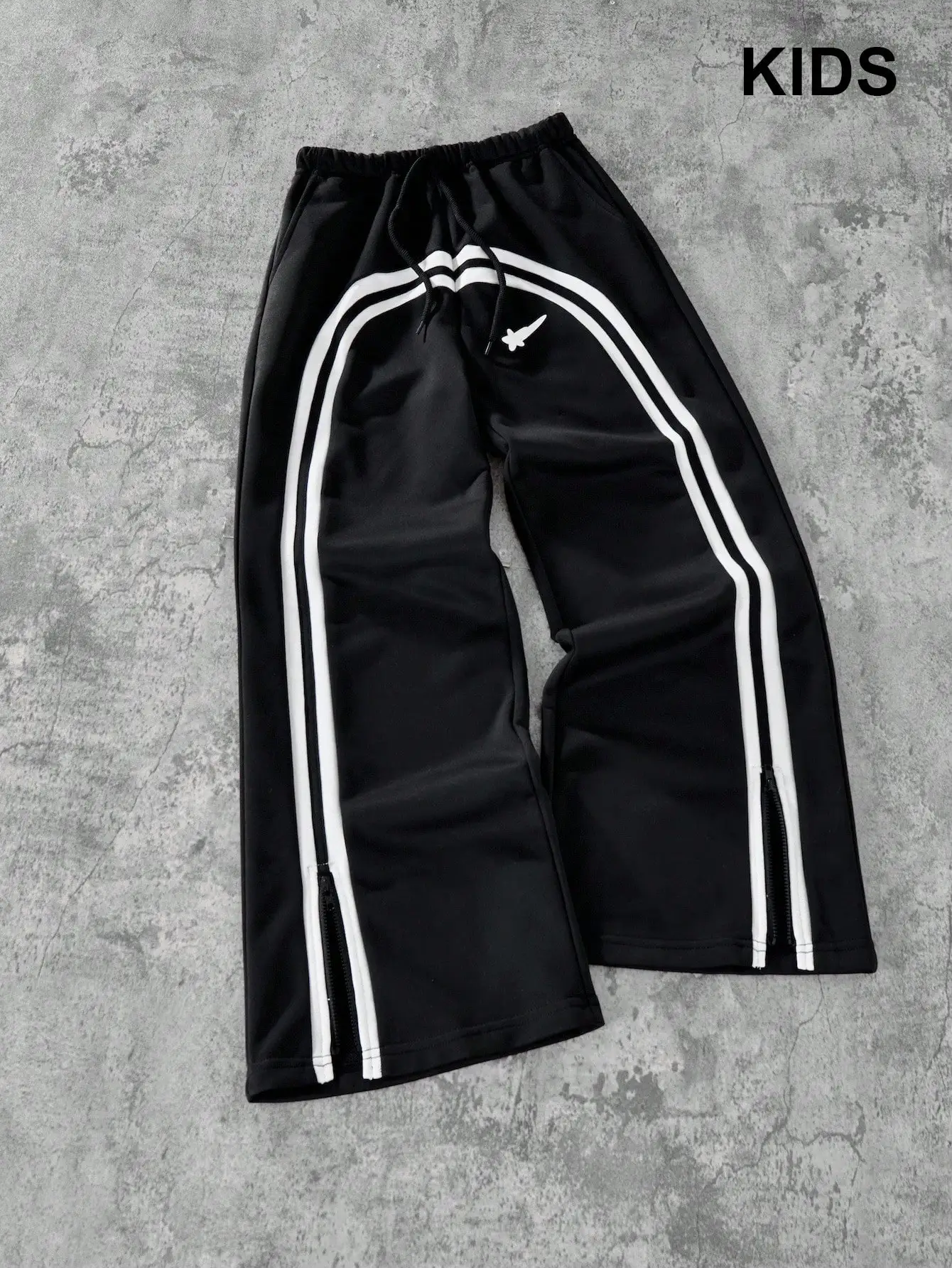

Black Wide Leg Track Pants with White Stripes & Side Zippers for Kids