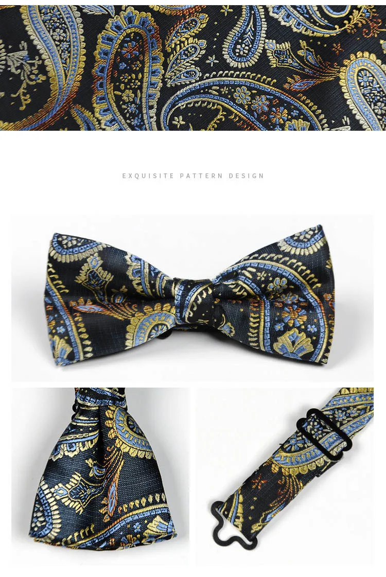 HUISHI Klassische blaue Fliege für Männer, Paisley-Blumenfliege, Einstecktuch, Manschettenknöpfe, Anzug-Set, Hochzeit, Party, kariert, solide Schmetterling – Detail 2