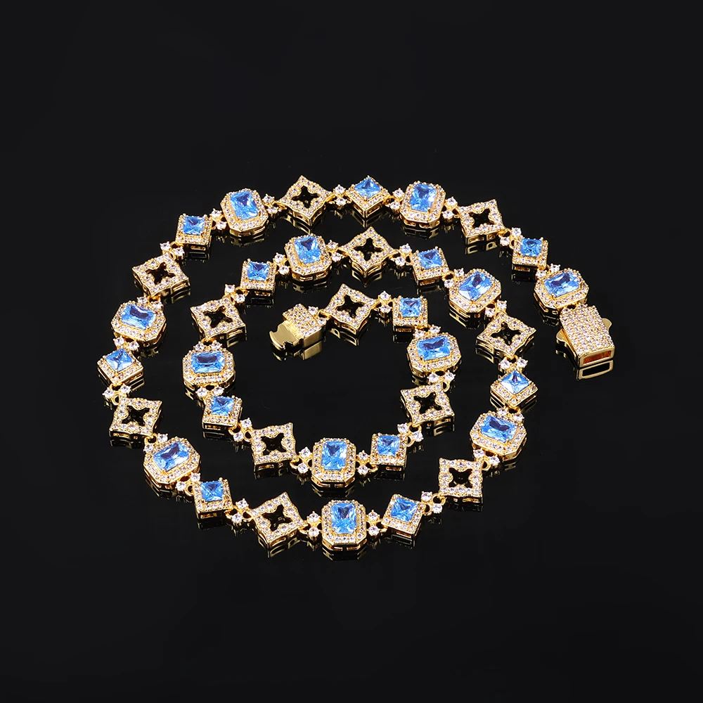 HHIOK New 11MM Blue Gemstone Cuban Necklace Iced 5A Cubic Zirconia Sparkling Hollow Out Star Hip Hop Style Jewelry Necklace