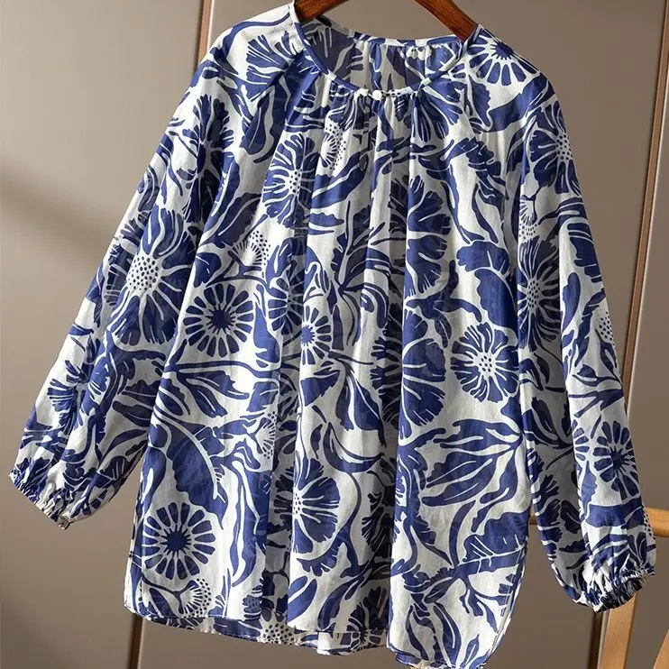 

Designer Printed Round Neck Lantern Sleeve Top Cotton Shirt For Women's Spring And Summer New Loose And Fashionable Top