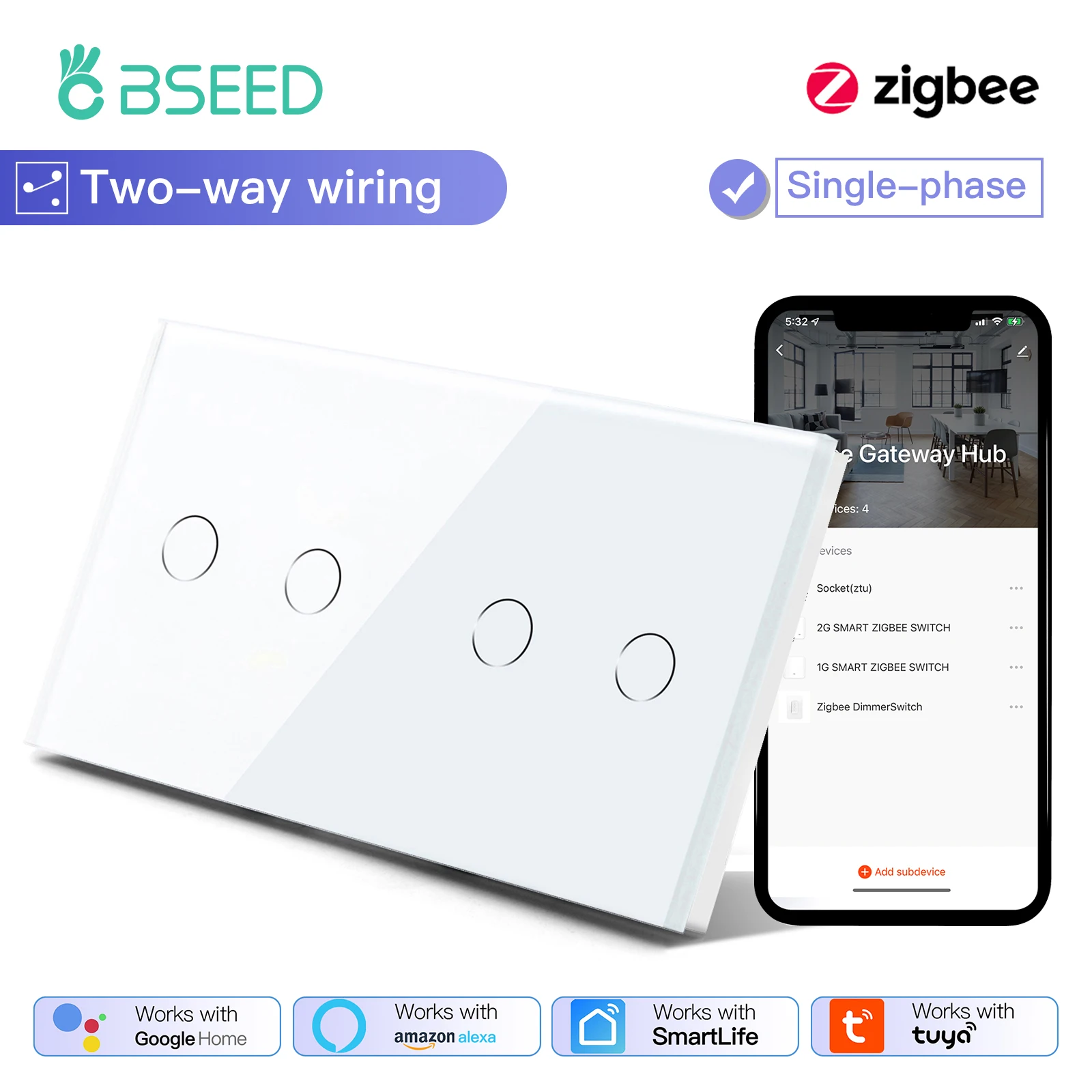 BSEED Smart Zigbee Touch Lichtschakelaar 1/2/3Gang Muur Touch Schakelaar 2Way Draad Compatibel met Smart Leven Alexa Google Thuis