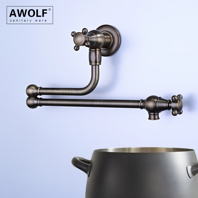Awolf Solid Brass Pot Filler Brushed Grey Kitchen Folding Faucet Wall Mounted Gold 360 Degree Rotation Tap Chrome FW012