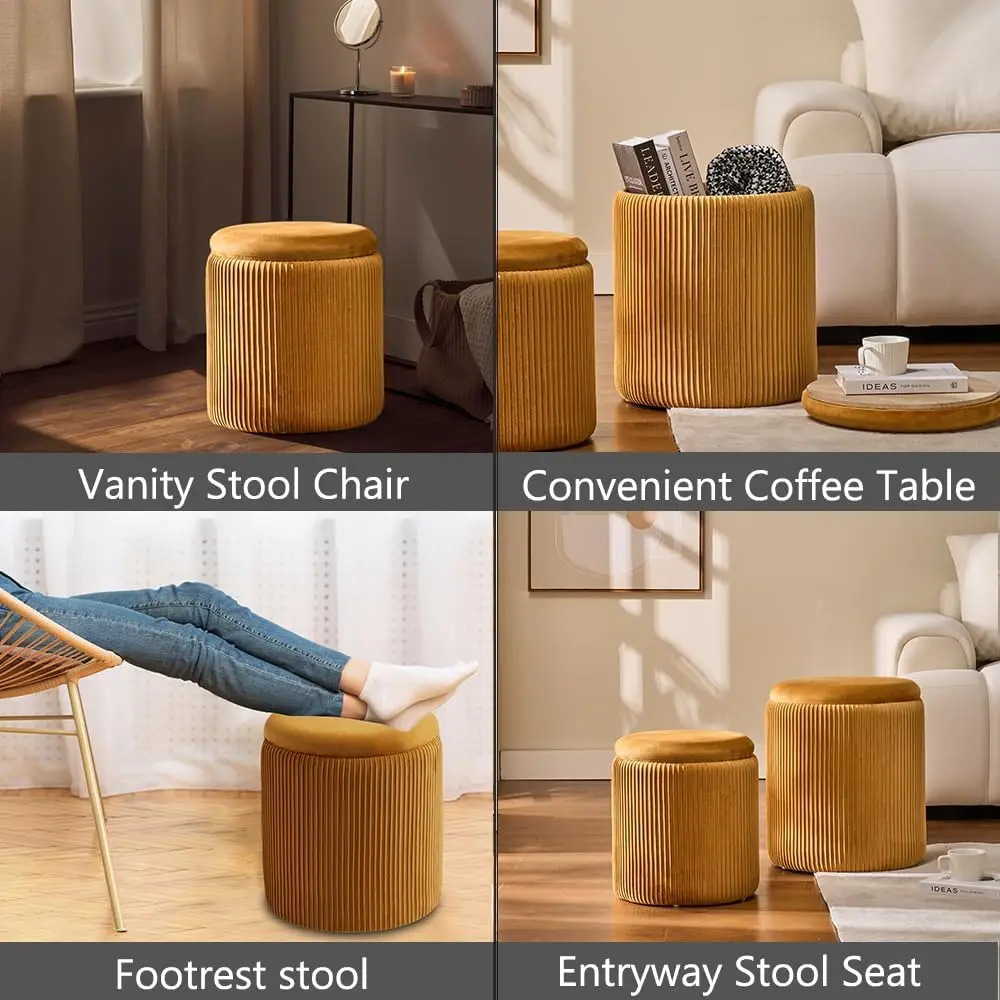Round Ottoman Set of 2 with Storage, Multifunctional Upholstered Stool for Makeup, Coffee Table and Foot Rest in Yellow