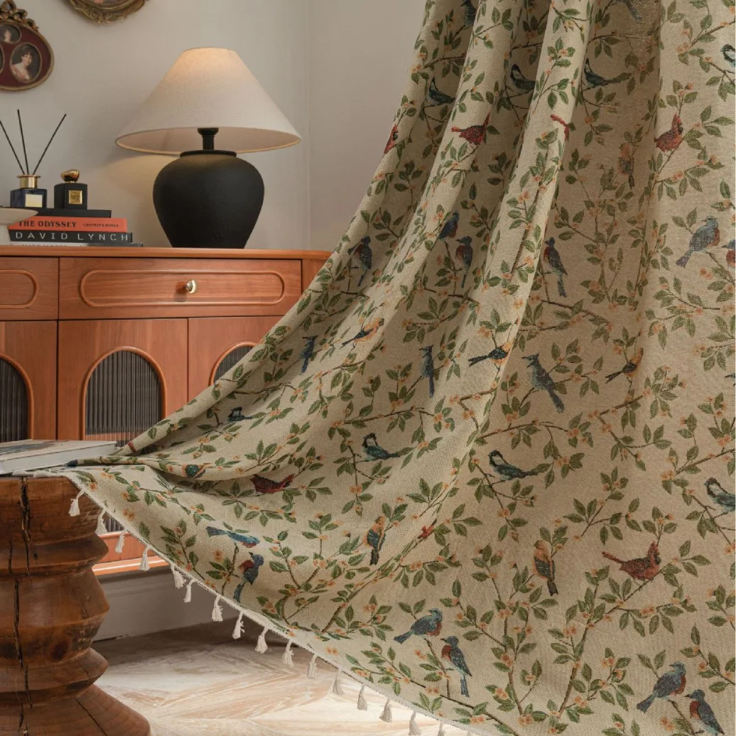 Jacquard Flower-and-Bird Patterned Semi-Light-Blocking Curtains Home Decorative Cortinas