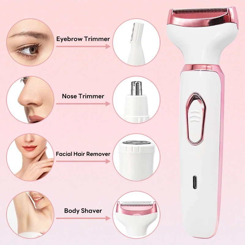 4 in 1 Electric Hair Removal Razor Painless for Women Shaver Body Hair Trimmer for Armpit Bikini Arm Leg Face Mustache Portable