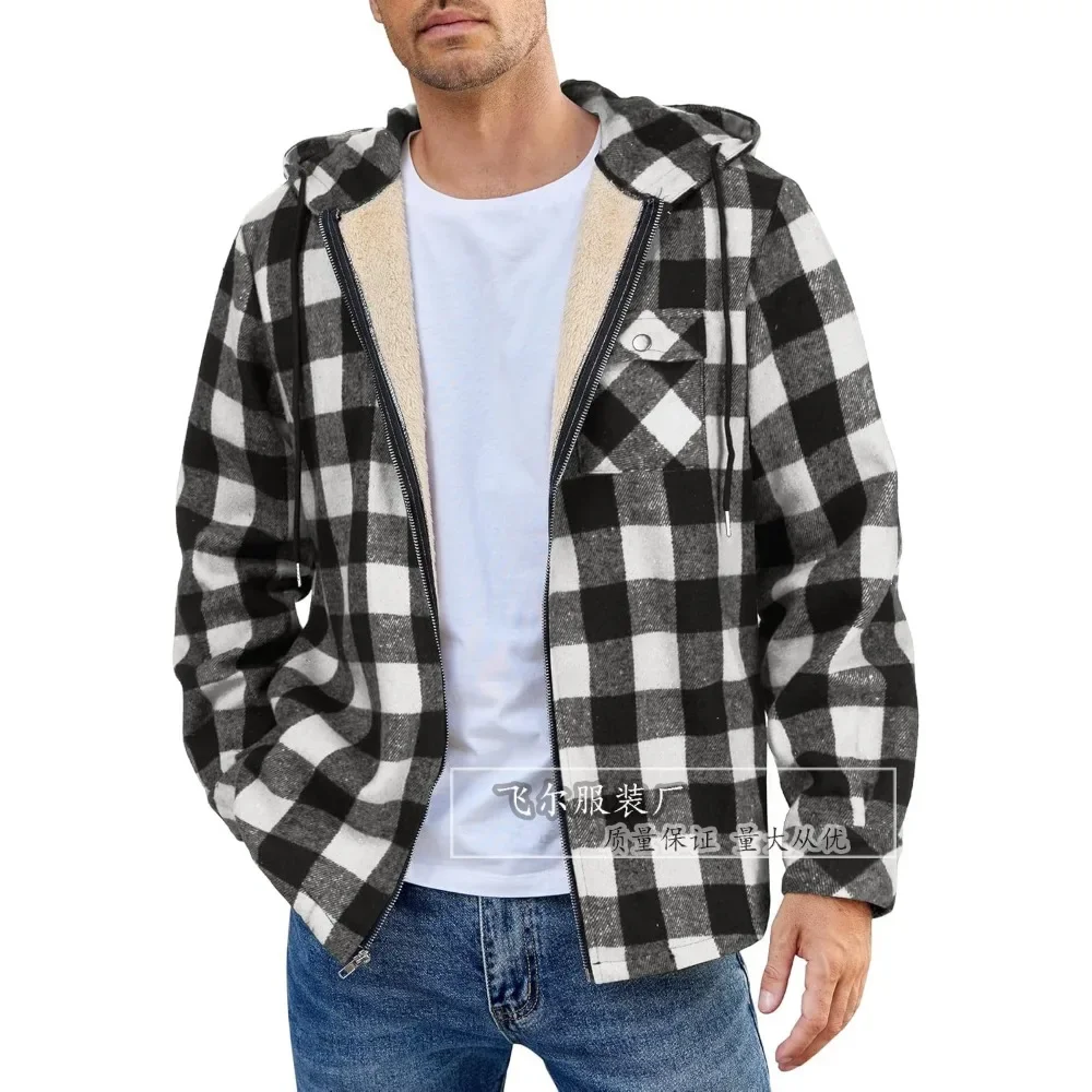 Winter Thick Warm Flannel Hooded Jacket Mens Sherpa Fleece Lined Coats Button Casual Plaid Shirt Jacket for Male Pockets Outerwe