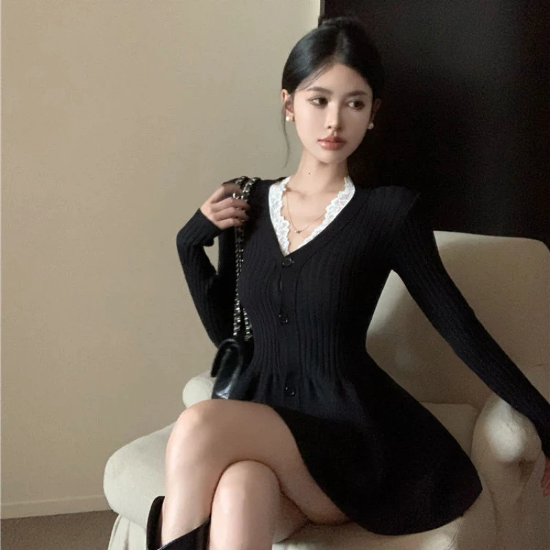 

Temperament Slim Solid A-line Skirt Spring Autumn New Long Sleeve V Neck Korean Pullovers Top Fashion Elegant Women Clothing