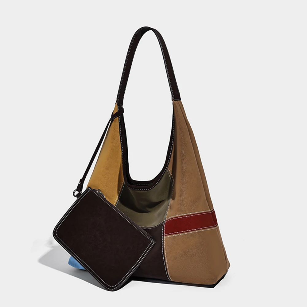 Vintage Color Block Patchwork Tote Bag Large Capacity Shoulder Bag Simple Style Women Purse for Daily Commute and Travel Use