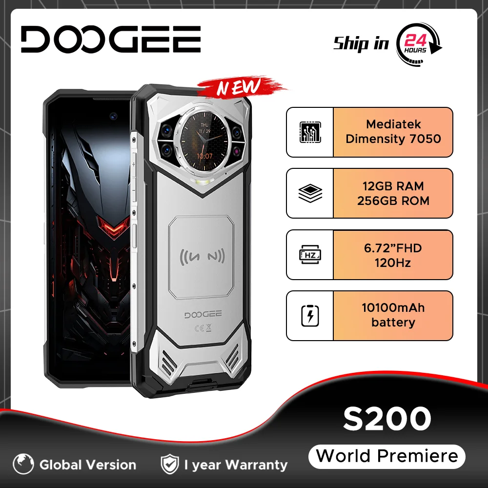 DOOGEE S200 5G 견고한 휴대폰, 12GB RAM, 256GB ROM, 1.32 인치 AMOLED 후면 디스플레이, 치수 7050 100MP 카메라, 10100mAh 안드로이드 14 NFC