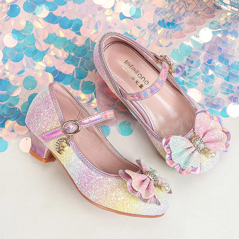 Princess Shoes  Chaussure Enfant Colored Princess Fashion Crystal Shoes Butterfly Gradient Colorful Children's Leather Shoes