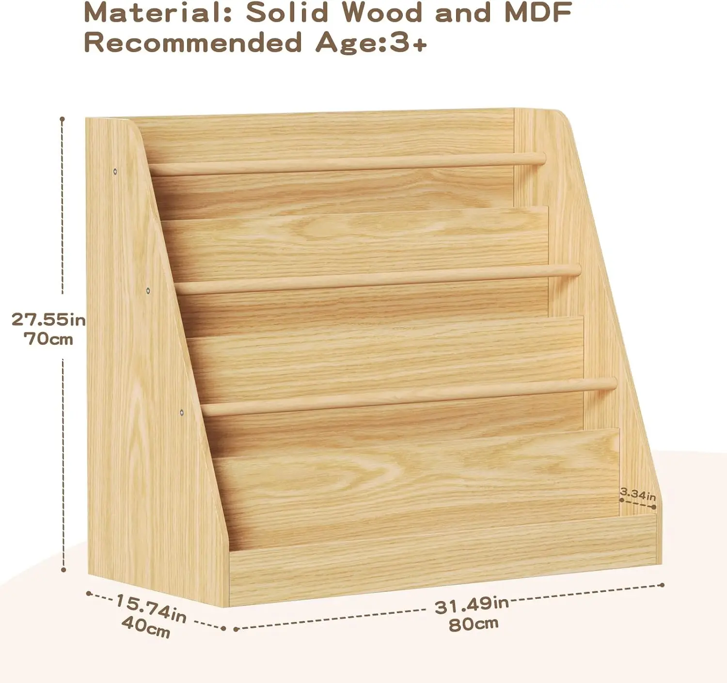 4 Tier Kids Bookshelf Wooden Front Facing Book Display Rack Natural Reading Nook Storage Organizer Neatly Organize Books Within