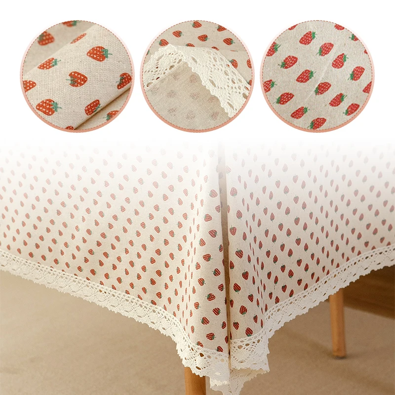 

Cottage Style Strawberry Cotton Linen Tablecloth with Lace Trim Soft Rustic Dining Table Cover for Kitchen Home Decor