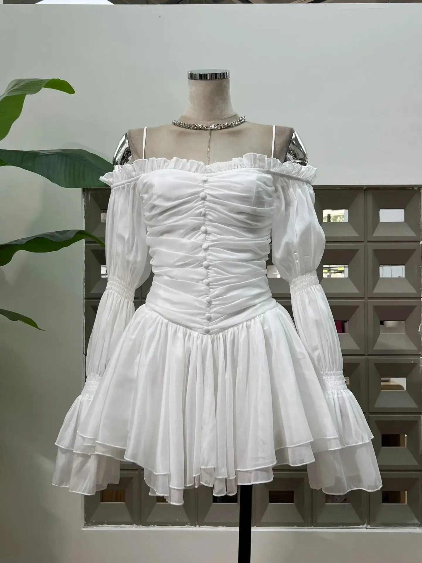 

New Trendy Chic Early Autumn Cute Edgy Strapless Off Shoulder Ruffled Flared Long Sleeve Pleated Waist Cinching Women's Dresses