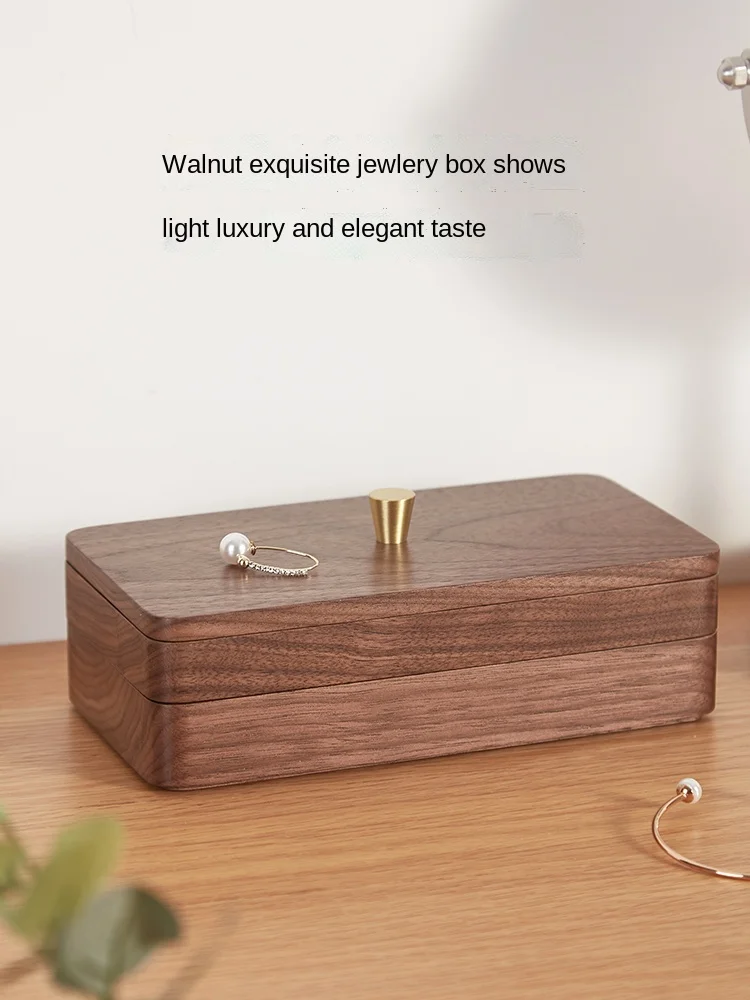 Jewelry Box Storage Box Light Luxury Solid Wood Earrings Ear Stud Necklace High-End Double-Layer Dustproof Portable Smal