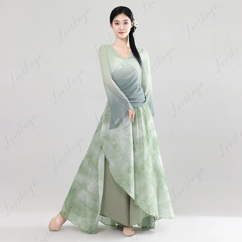 زي الرقص الكلاسيكي، فستان من الشاش المتدفق، زي الأداء، وضع الجسم الأثيري، رقص التدريب، البدلة الصينية