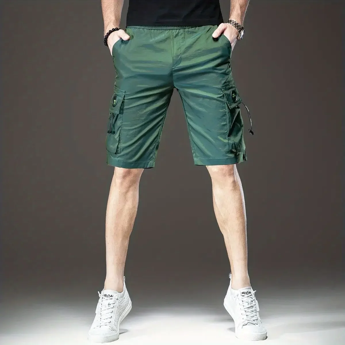 

Мешковатые однотонные свободные длинные шорты с карманами, широкие мужские короткие брюки с эластичной резинкой на талии, мужские шорты-карго, дизайнерские бермуды, мода 2023 г.