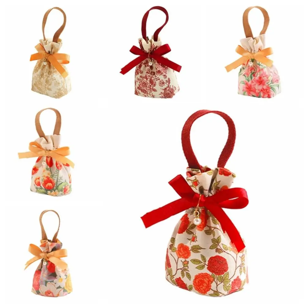 Saco de cordão floral flor rosa, tulipa cetim arco ins lona saco de pulso, bolsa de moedas, saco de açúcar festivo estilo coreano