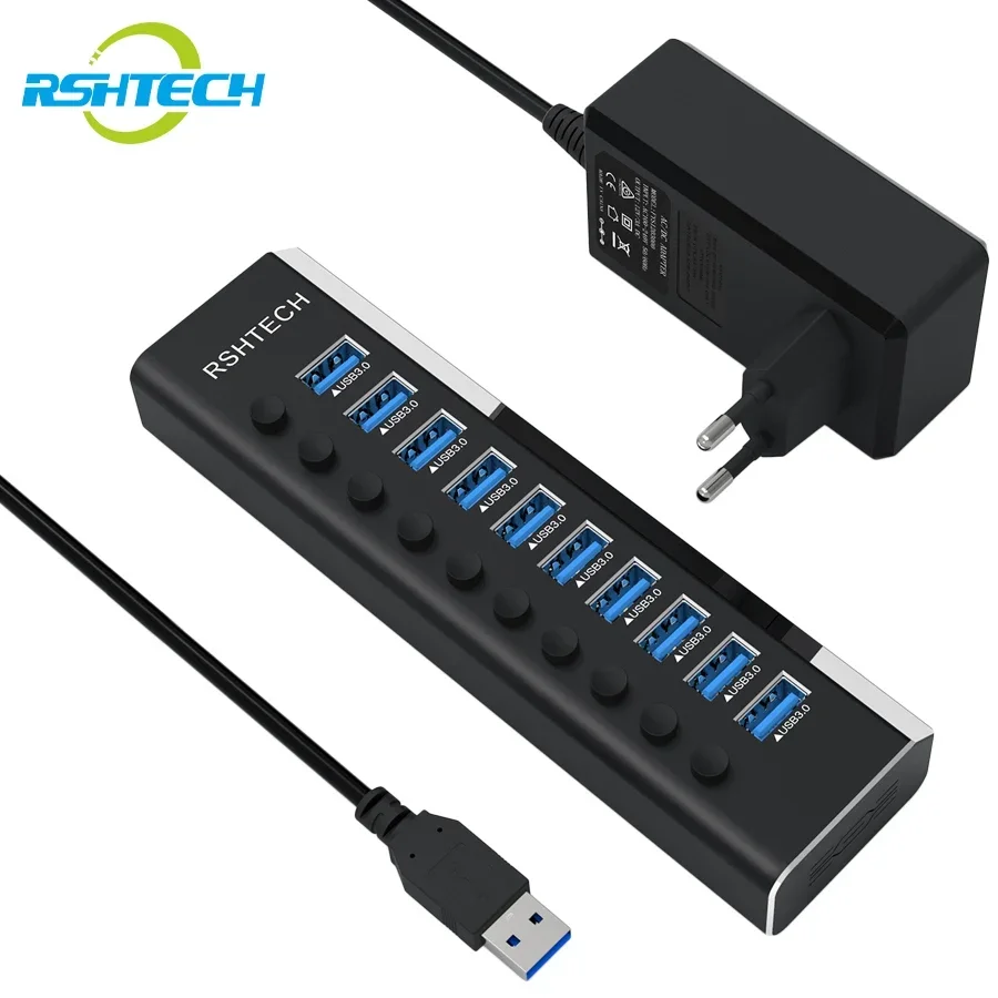 rshtech usb hub 10 portas 5gbps usb 30 hubs de dados com 36w 12v 3a adaptador de alimentacao interruptores liga desliga individuais portatil usb divisor 01