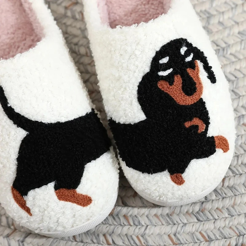 Pet Pattern Dachshund Embroidery stuffed Home Thick Sole plaid Furry Cotton Slippers Cute Warm Non-slip Indoor Slippers Pet Mom