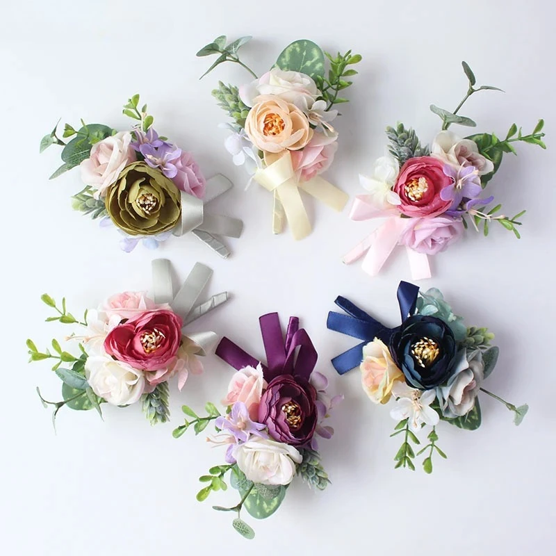 Wedding Boutonniere Bride Wrist Corsage Artificial Rose Flower Groom Brooch Pins Wedding Meeting Party Personal Decor