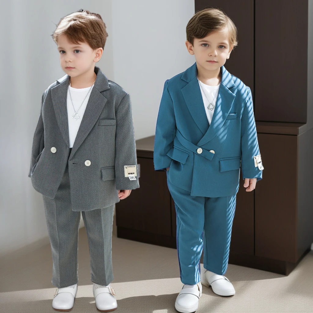 

Boys Wedding Suit Blue Gentleman Evening Tuxedo School Kids Clothes Set Casual Blazers Pants 2-piece Host Performance Costumes