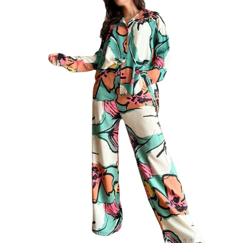 Abito da donna con stampa pendolare alla moda 2025 Autunno Nuovo stile Risvolto Camicia ampia a maniche lunghe Vita alta Pantaloni a gamba larga Set a due pezzi