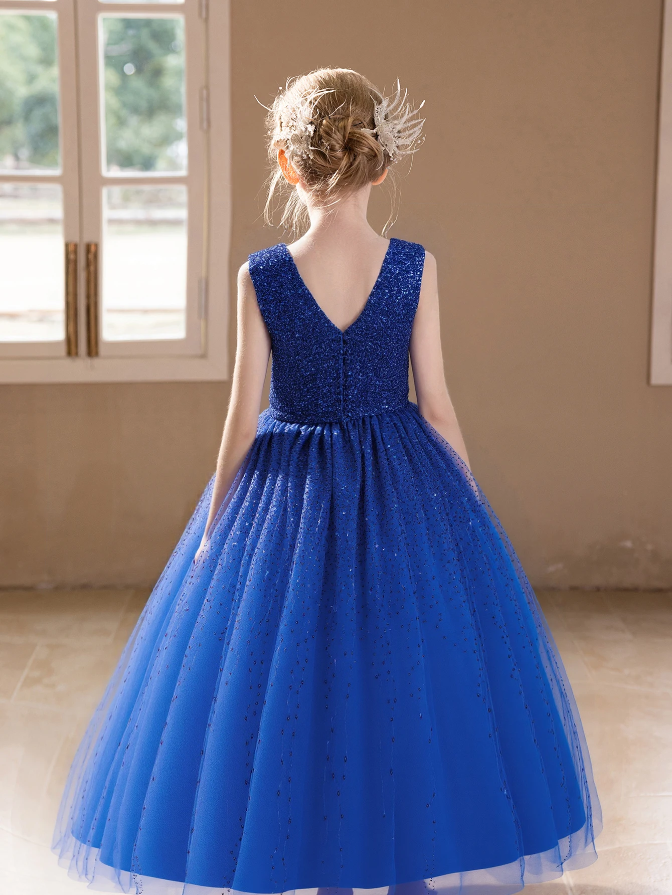 Girl Big Children Blue Sequin High-End Dress Birthday Wedding Fluffy Veil Evening Dress Children's Dress