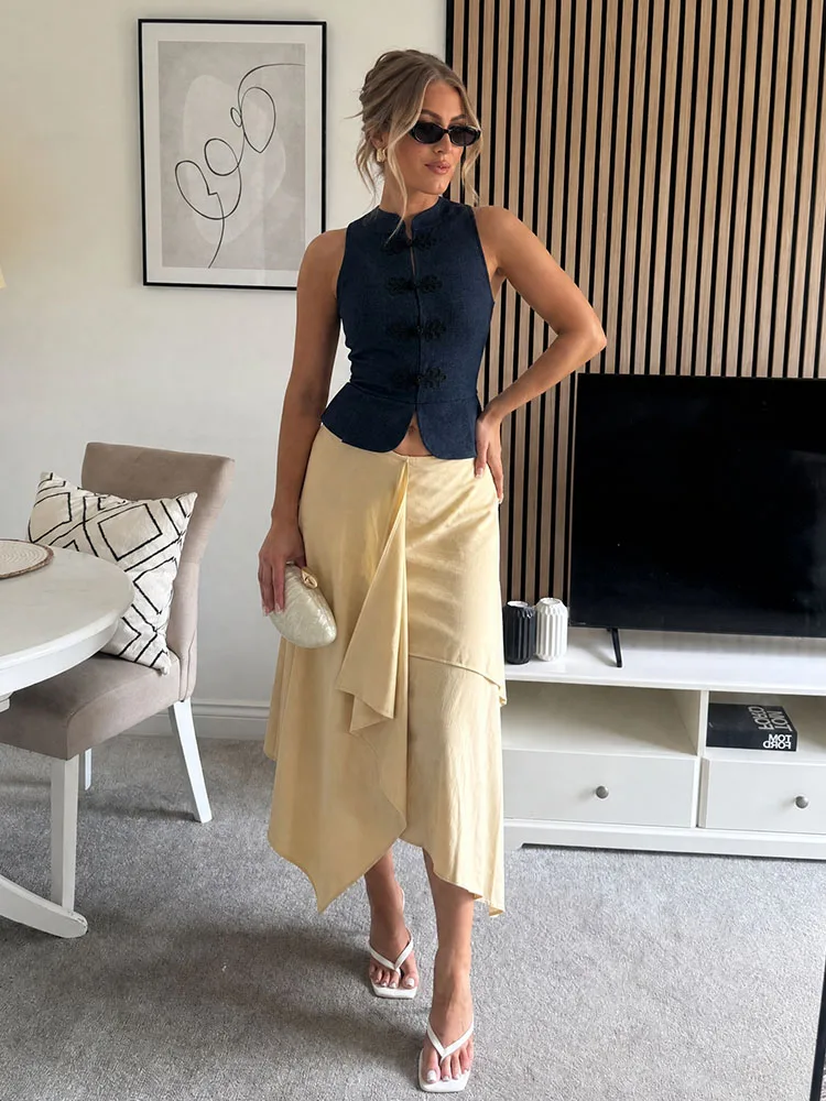 

HH Women's Spring Fall Denim Chinese Frog Button Waistcoat Mandarin Collar Sleeveless Peplum Vest Casual Daily Office Wear