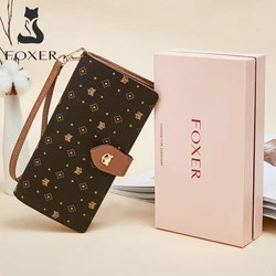 FOXER-Portefeuille Long en Cuir PVC avec Lanière pour Femme, Porte-Monnaie, Porte-Cartes, Sac d'Argent, Design Monogramme