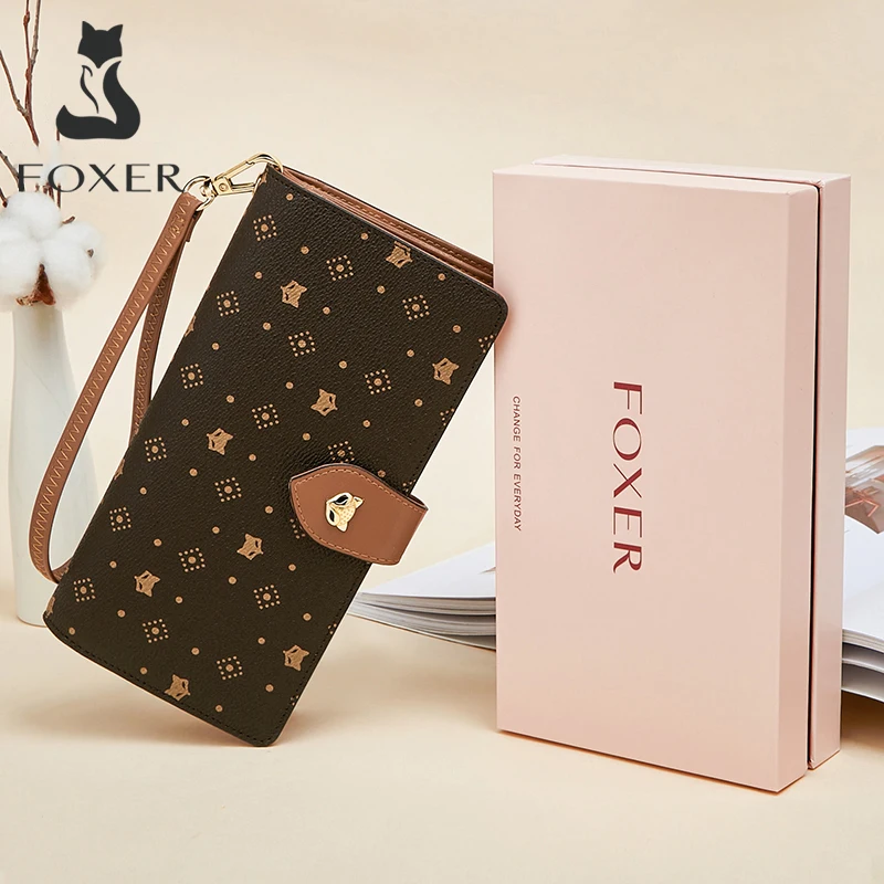 FOXER Women Long Wallet Card & Passport Holder Stylish Clutch Lady Monogram PVC with Wriststrap Cellphone Bag Female Coin Purse