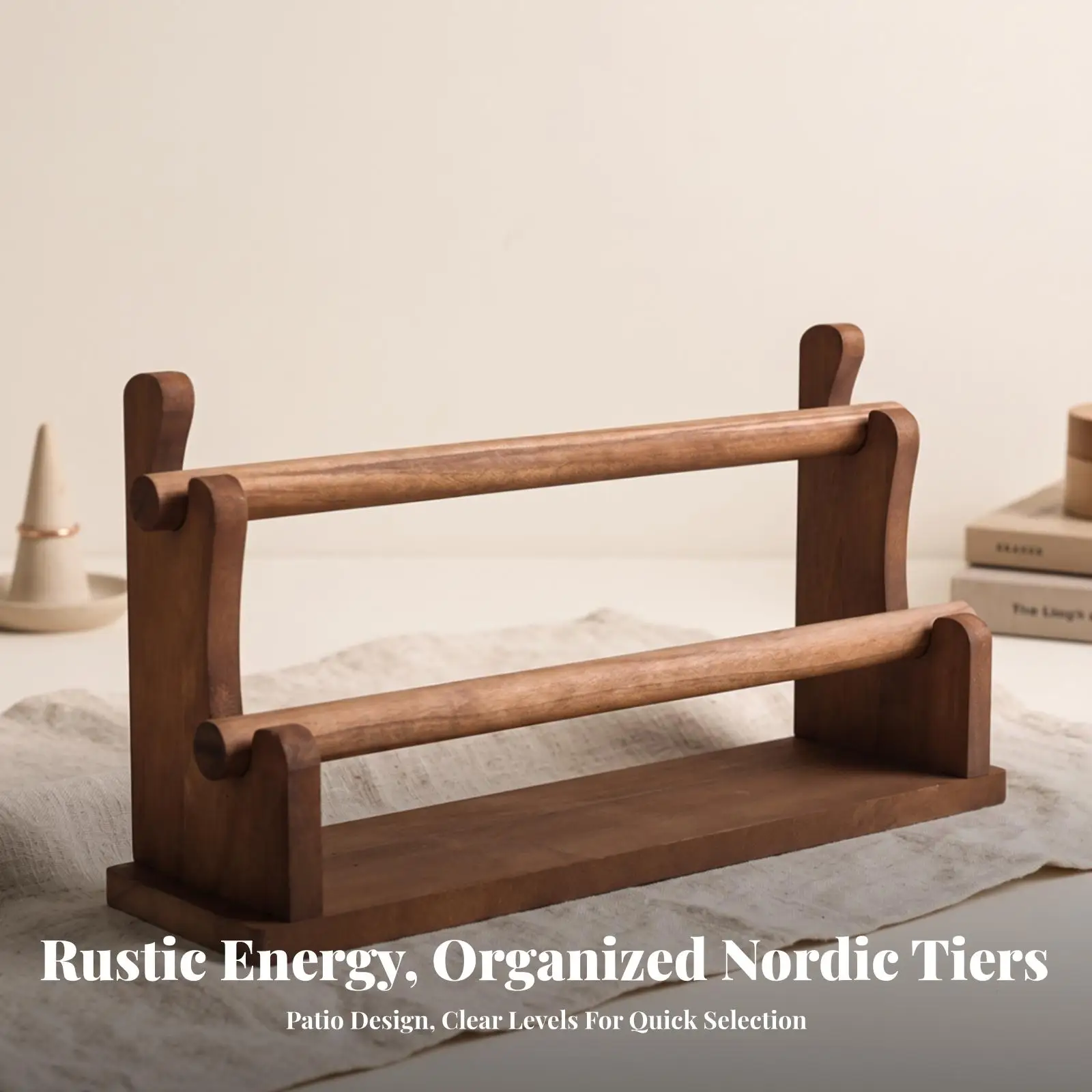 Multi Tier Wooden Jewelry Display Rack for Bracelets Necklaces Organizer Stand Sturdy Ladder Frame Walnut Finish Countertop