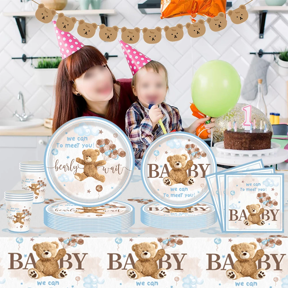 Cartoon-Bären Einweggeschirr Teller Servietten Banner We Can Bearly Wait Babyparty-Zubehör Kinder Bären-Geburtstagsparty-Dekorationen – Detail 9