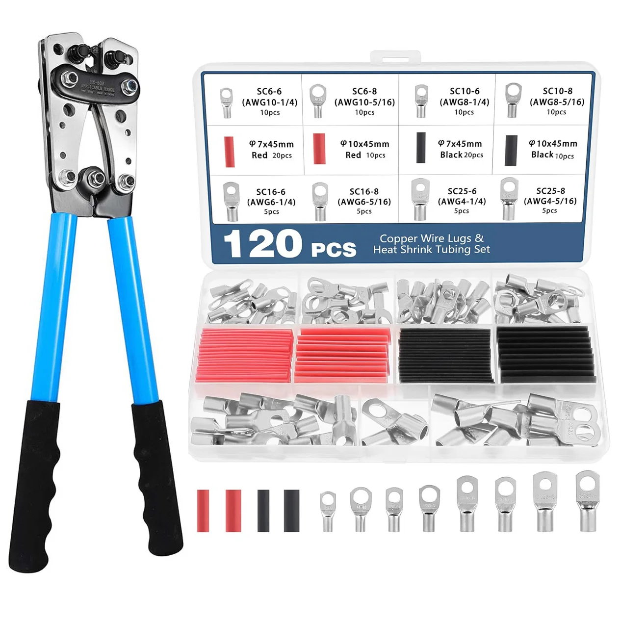 HX-50B Crimper Tool with 120pcs Lugs with Heat Shrink Tubing Set, AWG10 8 6 4 Ring Terminal Connectors Electrical End Cable Lugs