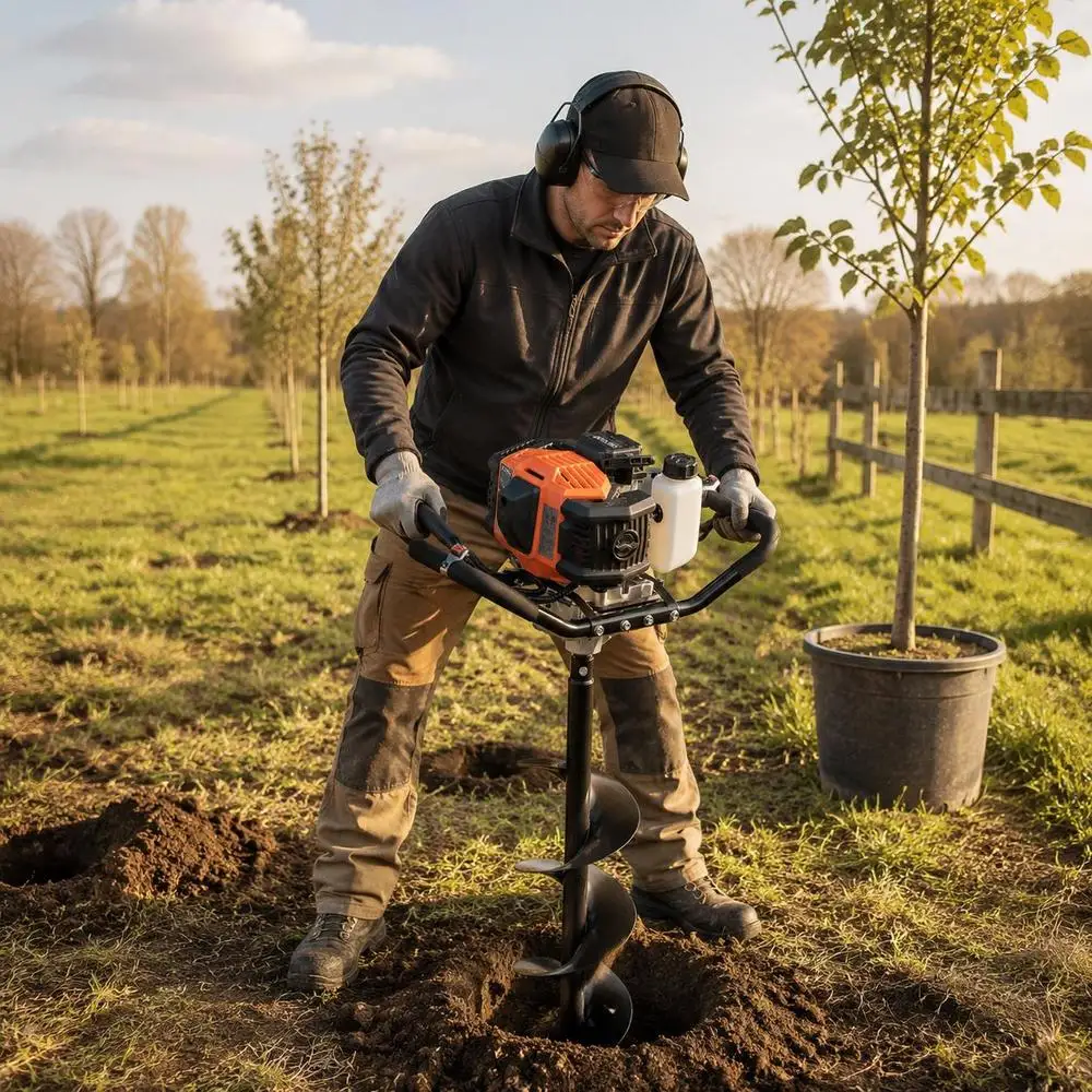 Tarière thermique à essence, 52 cm³, 1450 W, avec forets de 8 pouces et 1 rallonge, pour creuser des trous de poteaux, pour terres agricoles et plantes de jardin, orange + noir