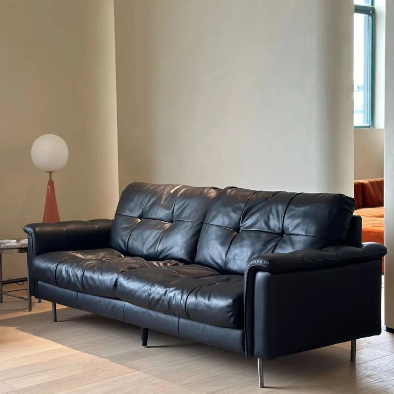 Nebula leather sofa straight combination living room small apartment oil wax leather black sofa