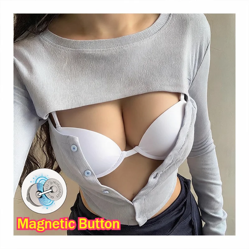 Women's Sexy Hollow Out Magnetic Button T-Shirts Couple Outdoor Play Take Off Easy Tops Fake Two Piece Nightbar Revealing Cloth