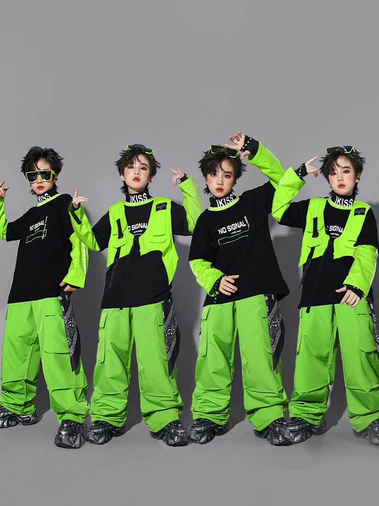 Costume de danse Hip Hop vert pour enfants, gilet et pantalon pour garçons, hauts à manches longues pour filles, vêtements de spectacle de danse de rue Kpop Y2K BL17822