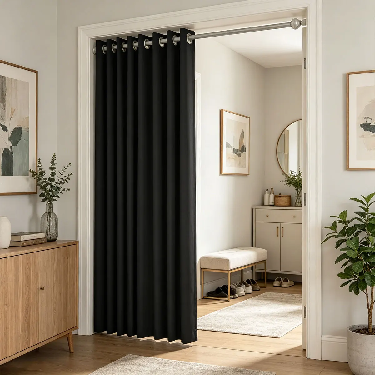 Black High‑Density Grommet Room Divider Curtain 1pc, Solid Blackout Partition Drape for Entryway Doorway Closet
