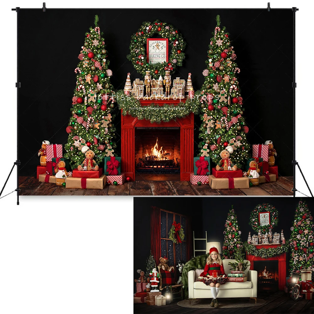 Gingerbread Xmas Fireplace Backdrops Children Portrait Adult Photocall Livingroom Christmas Trees Background For Photostudio