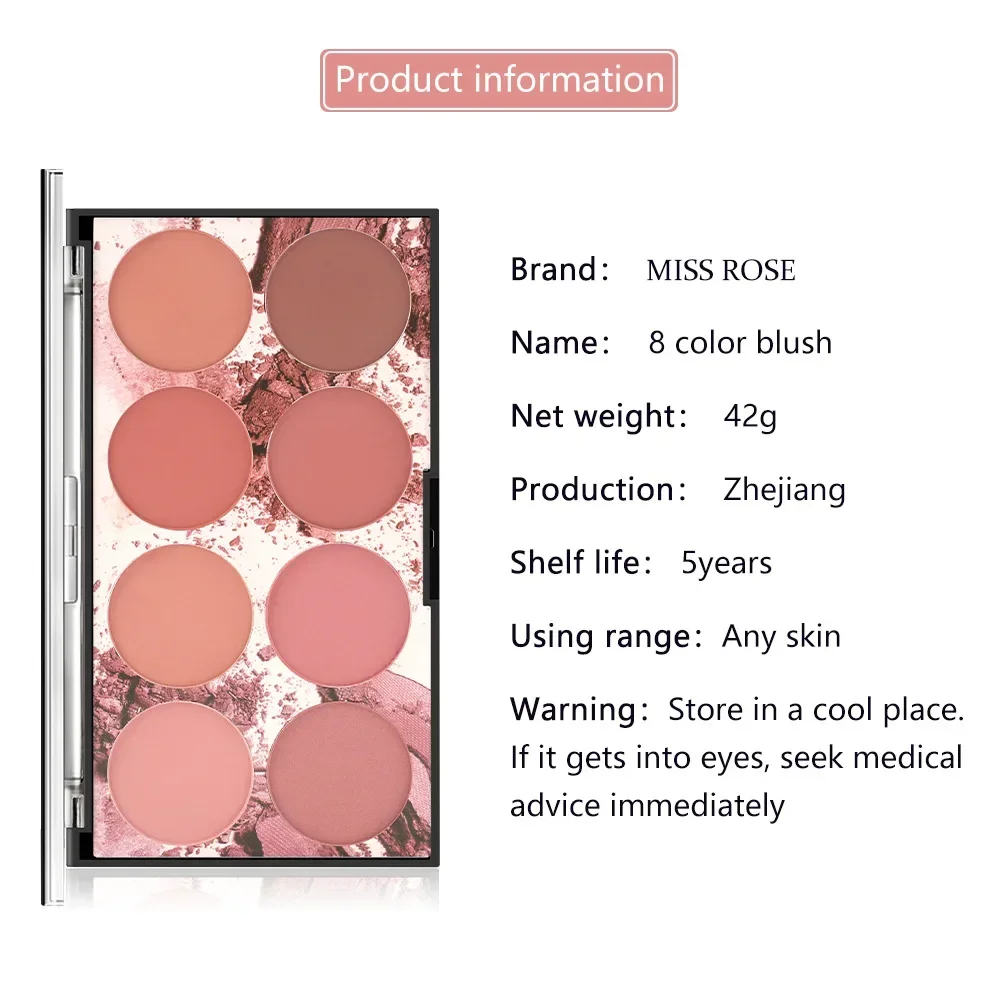 High Quality MISS ROSE 8 Color Natural Finish Face Blush Palette Makeup Sheer Coverage Blushe Highlight Contour Blusher Pallete