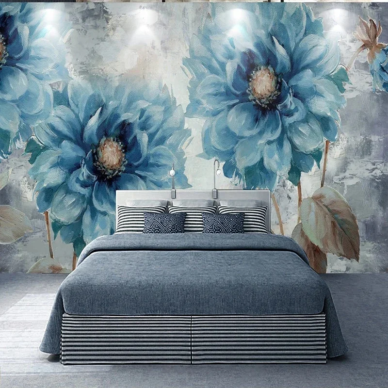 Europäische Retro Ölgemälde Blau Blumen Wandbilder Wallpaper Wohnzimmer Schlafzimmer Pastoralen Hintergrund Wand Papel De Parede Tapety