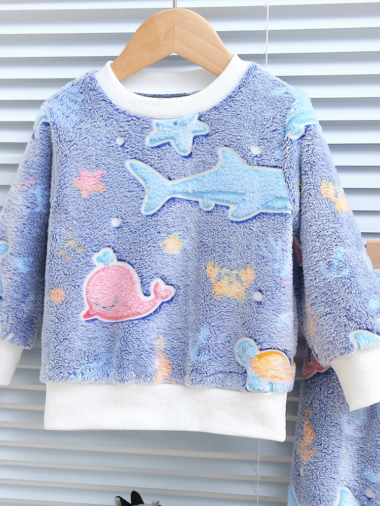 2pcs baby boy autumn and winter night light pattern plush thick long sleeved shirt and pants for comfort Chid Accessories