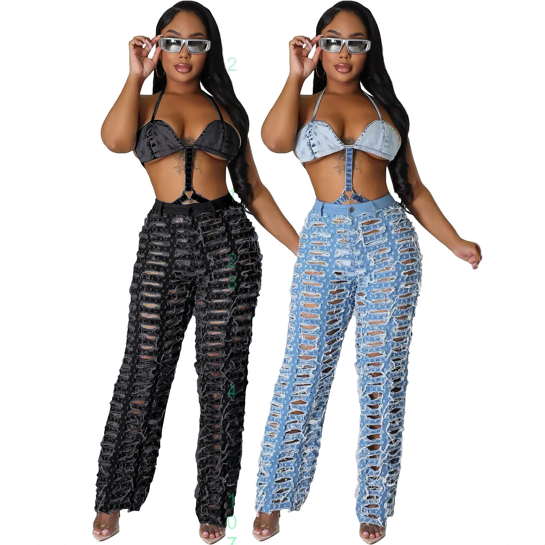 

Spring Summer Women Ripped Frayed Solid Wide Leg Pants Loose Trousers